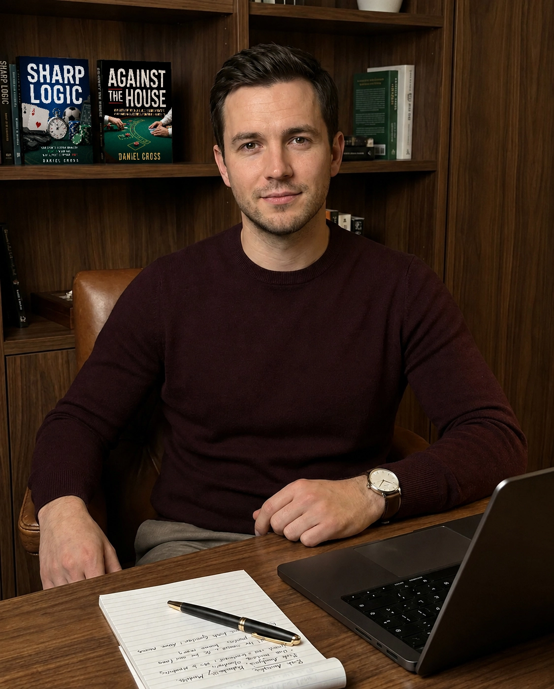 Daniel Cross at his desk, notebook open, a whiteboard of risk and edge notes behind him.